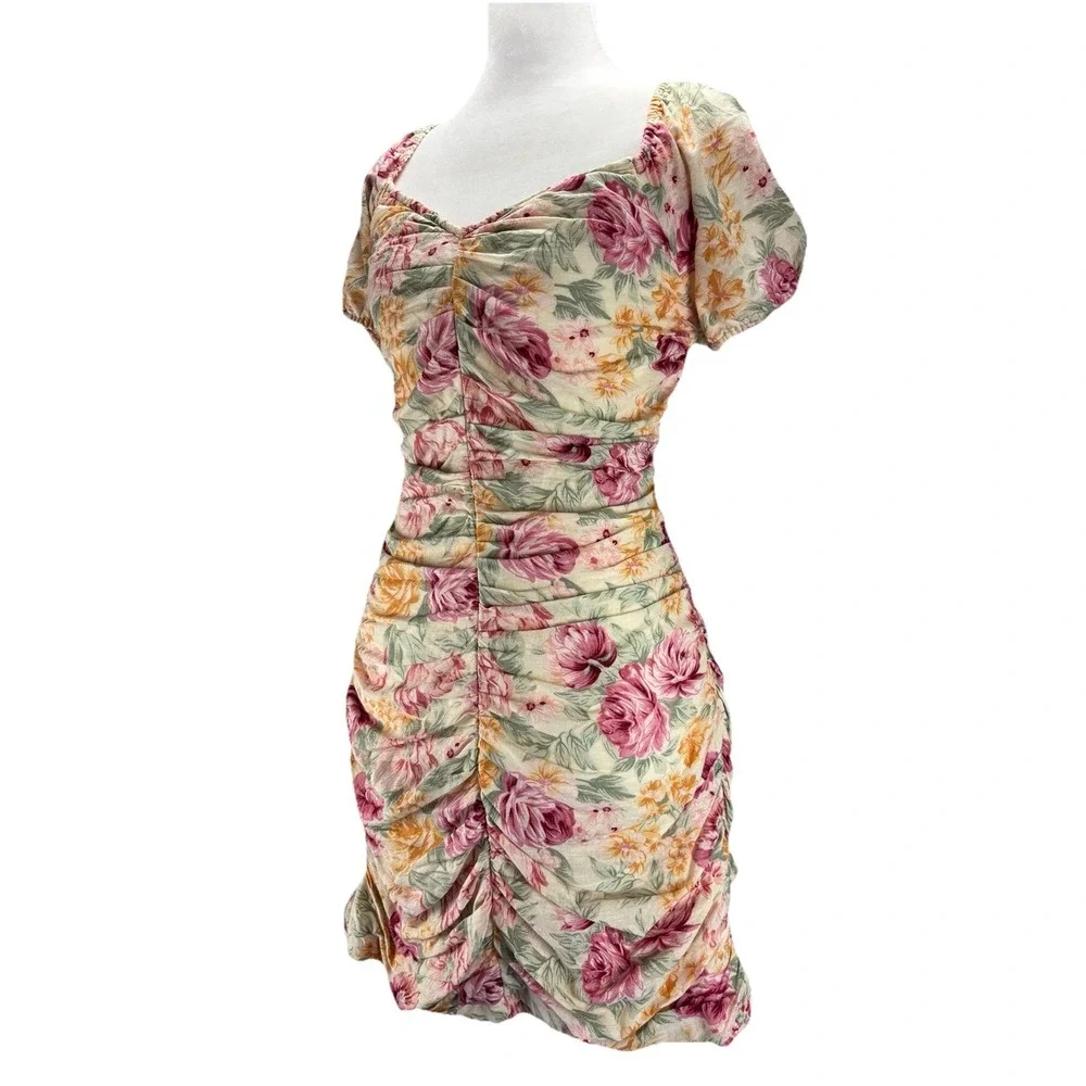 American Eagle Floral Ruched‎ Mini Dress Linen Cotton Puff Sleeve Cottagecore M